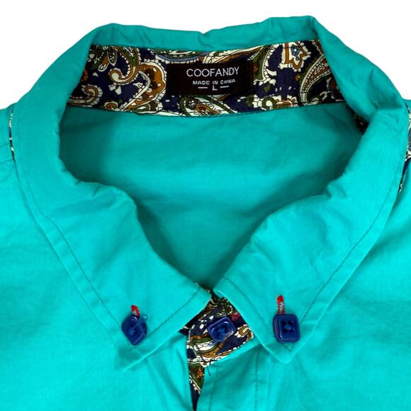 Coofandy Casual Short Sleeve Shirt Mens Large Green Slim Fit Button Paisley Trim - Picture 5 of 13